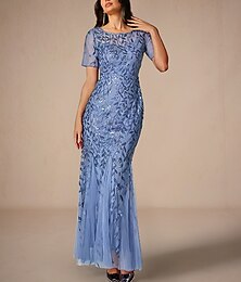 economico -Abito da damigella d'onore sirena  tromba elegante abito da damigella d'onore compleanno lunghezza del pavimento maniche corte collo rotondo tulle con ricamo di paillettes