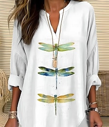 abordables -Mujer Camisa Graphic Animal Vintage Tropical Hawaiano Manga Larga Escote en Pico Tops regulares Diario Festivos Ropa de playa Estampado Blanco Azul Piscina Morado Verde Trébol Azul claro Verano