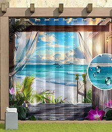 billige -vanntett utendørs gardin privatliv, skyve terrassegardiner, pergola gardiner grommet 3d strandlandskap for lysthus, balkong, veranda, fest, 1 panel