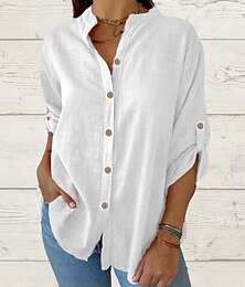 economico -Camicia da donna in cotone e lino colori solidi elegante casual maniche lunghe scollo a V bottoni quotidiani nero bianco rosso estate primavera