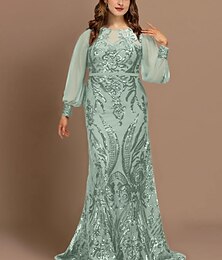 abordables -Robe Mère de la Mariée Sirène Grande Taille Robes Élégantes Invité Formal Mariage Traîne Balayage  Balai Manche Longue Col Bijou Chiffon avec Sequins taille personnalisée gratuite
