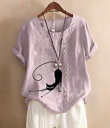 economico -Camicetta da donna in 100% cotone, elegante, casual, in cotone e lino, a maniche corte, girocollo, classica, da indossare tutti i giorni, con bottoni e stampa viola.