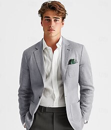 economico -Blazer da uomo in lino 100%, elegante, per anniversario di matrimonio, vacanza, primavera e autunno, in cotone e lino, tinta unita, con bottoni, comodo, monopetto, con un bottone, bianco, blu navy, beige, grigio.