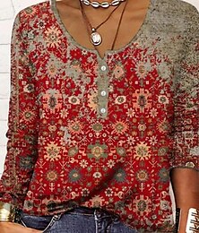 economico -Per donna Maglietta Floreale Moda Moderno Manica Lunga Scollo a V Top Regolari Quotidiano Stampato Vino Rosso Blu Reale Blu Estate