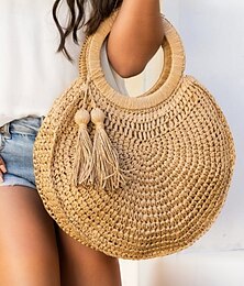 economico -borsa tote rotonda in paglia intrecciata fatta a mano da donna, grande capacità - borsa tote da spiaggia bohémien con nappe, portafoglio in rattan per le vacanze estive, per viaggi, shopping e vacanze marrone beige