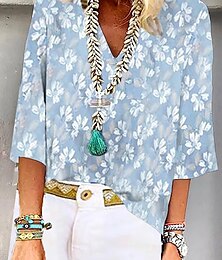 economico -Per donna Blusa Floreale Grafico Elegante Spiaggia Manica Corta Scollo a V Top Regolari Quotidiano Stampato Azzurro Estate Primavera