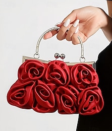 abordables -Pochette de soirée pour femme avec fleur rose 3D - élégant sac à main en satin floral avec chaîne pour mariages, fêtes et événements spéciaux