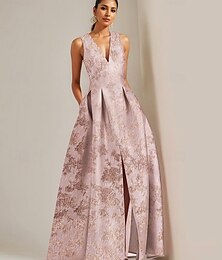 preiswerte -A-Linie Abendkleid Brokat Jacquard Elegantes Kleid Derby Kleid Formelles Hochzeitskleid bodenlang Ärmellos V-Ausschnitt mit Schlitz Hochzeitsgastkleid 2025