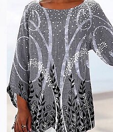 economico -Blusa da donna a maniche lunghe con orlo asimmetrico grafico floreale elegante per la spiaggia maniche corte scollo a V top regolari stampa giornaliera grigia primavera autunno