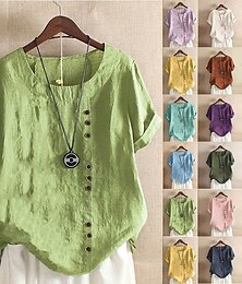 abordables -Femmes Chemisier Chemises en coton et lin Uni Moderne Occasionnel Manche Courte Col ras du cou Hauts Réguliers Fête Sortir Boutons Blanche Jaune Vert Véronèse Vert Été