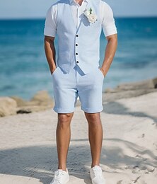 billige -Men's lin vest dresser bryllup forlover vest shorts sett himmelblå beige mote uformell sommer ensfarget standard passform 2 deler