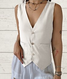 abordables -Chemisier en lin pour femme, uni, élégant, en coton et lin, col en V, classique, pour les vacances, les sorties, les boutons, les poches, blanc, marron, gris, été