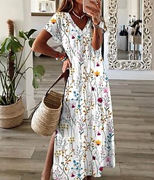 abordables -Robe maxi pour femme Robe A Line Robe d'été Robe élégante Vacances Quotidien Ajustement régulier Imprimé floral Manches courtes Décolleté en V Blanc Été Printemps Automne