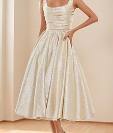 billiga -A-Linje Cocktailklänningar Elegant Klänning Formell Bröllop Te Längd Ärmlös Fyrkantig Hals Jacquard med Fållningar Rynkad Bröllopsgästklänning 2025
