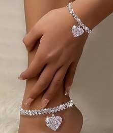 abordables -Ensemble de bracelets et de chevilles en strass pour femme avec breloque cœur – bijoux scintillants pour mariages, fêtes et occasions spéciales