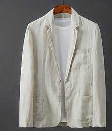 billiga -Herr Linne blazer Sportrock Ledigt / vardag Strandbröllop Mode Lättvikt Alla årstider Linne i bomull Solid färg Grundläggande Enkelknäppt med Två Knapphål Blazer Vit Himmelsblå Beige