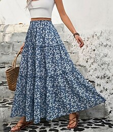 abordables -Femmes Jupe Évasé Mode Occasionnel Maxi Taille haute Jupes Fleuri A Volants Imprimé Micro-Élastique Décontracté Quotidien Week-end Noir Bleu Été Polyester
