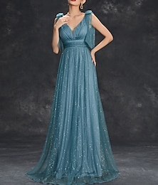 abordables -Trapèze Robes de soirée Étincelant Robe Formel Mariage Longueur Sol Sans Manches Col V Tulle avec Paillettes 2025