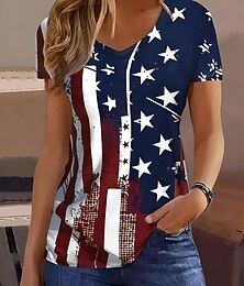 abordables -T-shirt patriotique pour femmes avec drapeau drapeau drapeau national élégant décontracté rouge blanc et bleu à manches courtes col en V hauts réguliers impression quotidienne bleu été printemps
