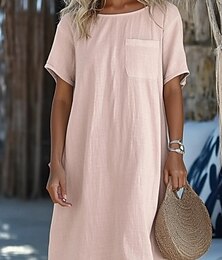 abordables -Femmes Mini Robe Robes en coton et lin Robe en coton et lin Mode Classique Moderne Quotidien Sortir Week-end Coupe régulière Uni Manche Courte Col ras du cou Blanche Rose Claire Bleu clair Été