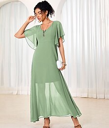 economico -abito lungo da donna elegante manica a palloncino tinta unita blu scollo a barchetta vita stretta svolazzante trasparente sovrapposizione formale evento festa estate tutte le taglie