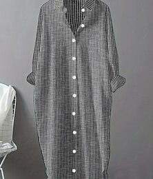 economico -Per donna Abito Midi Abiti ispirati al lino Abito Camicia Abito in cotone e lino Moda Essenziale Classico Quotidiano Ferie Weekend Vestibilità regolare A righe Manica Lunga Colletto a Camicia Nero