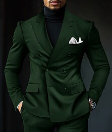 abordables -Trajes de Negocios para Hombre Trajes de Regreso a Casa Corbata Negra Boda Verde Oscuro Formal Trabajo Color Sólido Ajuste Estándar 2 Piezas Doble Botón Seis botones