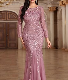 economico -Abito Madre della Sposa Abito Elegante Festa Collo a Giro Lunghezza Piena Poliestere Manica Lunga con Ricamo