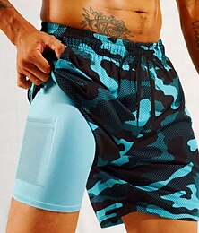お買い得  -男性用 カモフラージュ 裏地付きショートパンツ 2 in 1 スイムショーツ スイムショーツ ミディアムウエスト ハワイアン バケーション 祝日 ビーチウェア サイドポケット コンプレッションライナー付き 伸縮性のあるドローストリングウエスト デザイナー 衣類