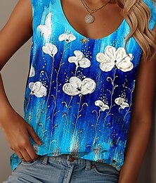 economico -Canotta Femminile Top Floreale Tropicale Quotidiano Hawaiano Senza Maniche Collo a Girocollo Regolari Top Quotidiano Vacanza Uscita Blu Estate