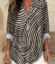 economico -Camicia da donna in cotone lino grafica a righe basic casual maniche lunghe colletto a V top regolari abbigliamento da giorno bottoni stampa khaki estate primavera