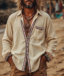economico -Per uomo Camicia Camicia Estiva Camicia da Spiaggia Camicie retrò Camicia vintage Camicie sbottonate Tinta unica Vacanza Ferie Cachi Manica Lunga Abbigliamento
