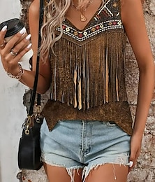 economico -Top in camisole da donna top boho top western top grafico bohemia vintage etnica senza maniche collo a V top regolari quotidiani vacanza stampa khaki estate