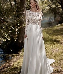 economico -Abiti da sposa casual A-Line per matrimoni in spiaggia collo scalloped boho baroque pizzo maniche lunghe strascico/smussato abiti da sposa in pizzo chiffon plissettato