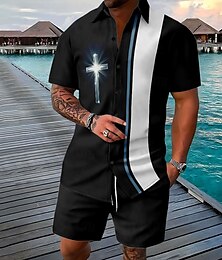 abordables -Semana Santa Hombre Cruz 2 piezas Conjuntos de camisas Conjunto de camisa Manga Corta Pantalones cortos Cuello Vuelto Vintage Casual Diario Atuendo para festival Impresión 3D Verano Rojo rubí Blanco