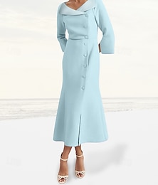 economico -Abito Blazer A-Line Madre della Sposa Abito Tuxedo Elegante Vintage Semplice V Neck Lunghezza Piena Satin Crepe Manica Flare 3/4 con Fessure Bottoni Coperti