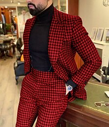 お買い得  -男性用 結婚式 スーツ ピークドラペル 黒 / 赤 ファッション ビジネス チェック テイラーフィット 2点セット シングルブレスト 一つボタン