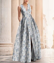 preiswerte -Jacquardblaues A-Linien-Abendkleid mit Blumenmuster, elegantes Kleid für formelle Hochzeiten, bodenlang, ärmellos, V-Ausschnitt, Nylon mit Schlitztasche, 2025