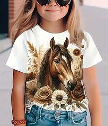 billiga -Flickor 3D Häst T-shirt Kortärmad Sommar Vår Mode Grundläggande Barn 4-12 år Rund hals Utomhus Ledigt Dagligen Normal
