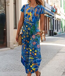 abordables -Femmes Robe maxi Robe T-Shirt Robe d'été Occasionnel Quotidien Coupe régulière Fleuri Graphique Manche Courte Col ras du cou Jaune Bleu Beige Été