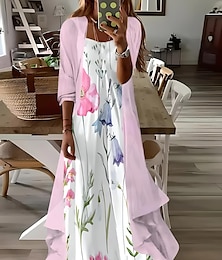 levne -Dámské maxi šaty 2 dílná sada šatů sundress letní šaty slip šaty dovolená formální boho dovolená volný střih květinová grafika 3/4 délka rukávů popruhy V výstřih růžové léto jaro