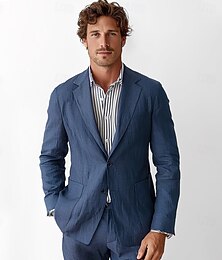 abordables -Homme Blazer en lin Costumes Mariage Anniversaire Vacances Élégant Neutre Printemps & Automne Coton Lin Couleur Unie Boutons Confortable Boutonnage simple deux boutons veste Gris foncé bleu marine