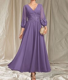 abordables -Robe A-Line de mère de la mariée robe de cérémonie élégante col V longueur thé chiffon à manches longues avec appliqués en perles robe midi