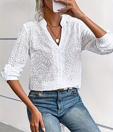 abordables -Chemise pour femmes couleur unie élégante stylée décontractée manches longues col en V hauts quotidiens brodés blanc été printemps