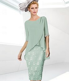 abordables -Robe Mère de la Mariée Fourreau de Plage Élégante Col Bijou Longueur Genou Chiffon Stretch Sequins Manches Mi-Longues avec Ruching en Dentelle 2025 taille sur mesure gratuite