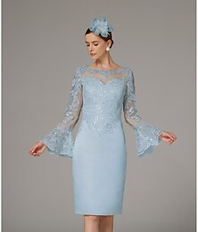 abordables -Robe Fourreau Mère de la Mariée Élégante Vintage Luxueuse Col Bijou Longueur Genou Satin Dentelle Manche Longue Longueur Thé avec Appliqués