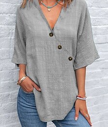 abordables -Femmes Chemise Chemises en coton et lin Uni Quotidien Occasionnel Demi Manches Papillon Col Croisé Hauts Réguliers Quotidien Patchwork Boutons Bleu Violet Vert Gris Été Printemps
