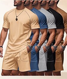 voordelige -Voor heren Trainingspak T-shirt en korte broek Kledingset Strakke ronde hals Buiten Dagelijks Sport Zak Trekkoord Effen Zwart Bruin Licht Grijs Polyester Sportkleding Streetwear Lichtgewicht Zomer