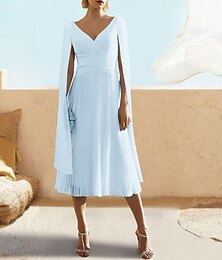 preiswerte -A-Linie Cocktailkleider Elegantes Kleid Semi-Formal Teelänge Kurzarm V-Ausschnitt Herbst Hochzeitsgast Chiffon mit Schal Derbykleider 2025