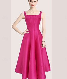 economico -Abiti A-Line Quinceanera Abito Vintage Matrimonio Ospite di Matrimonio Lunghezza Tea Senza Maniche Collo a Cucchiaio Poliestere Senza Schiena con Pieghe